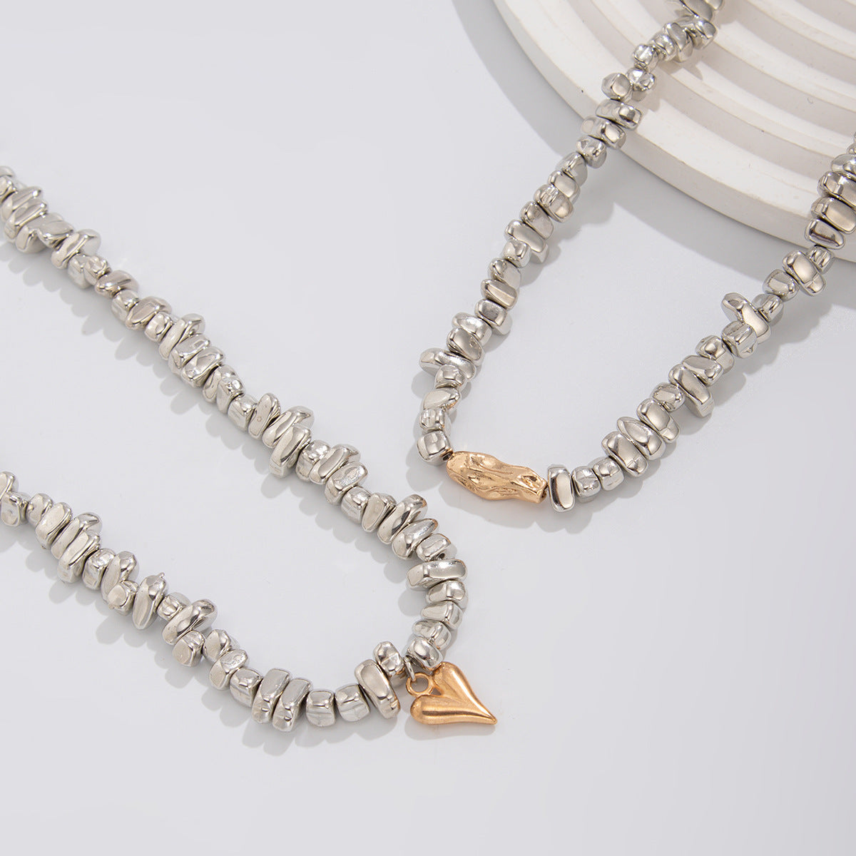 Broken Silver Irregular Ccb Necklace Love Heart Pendant Beaded