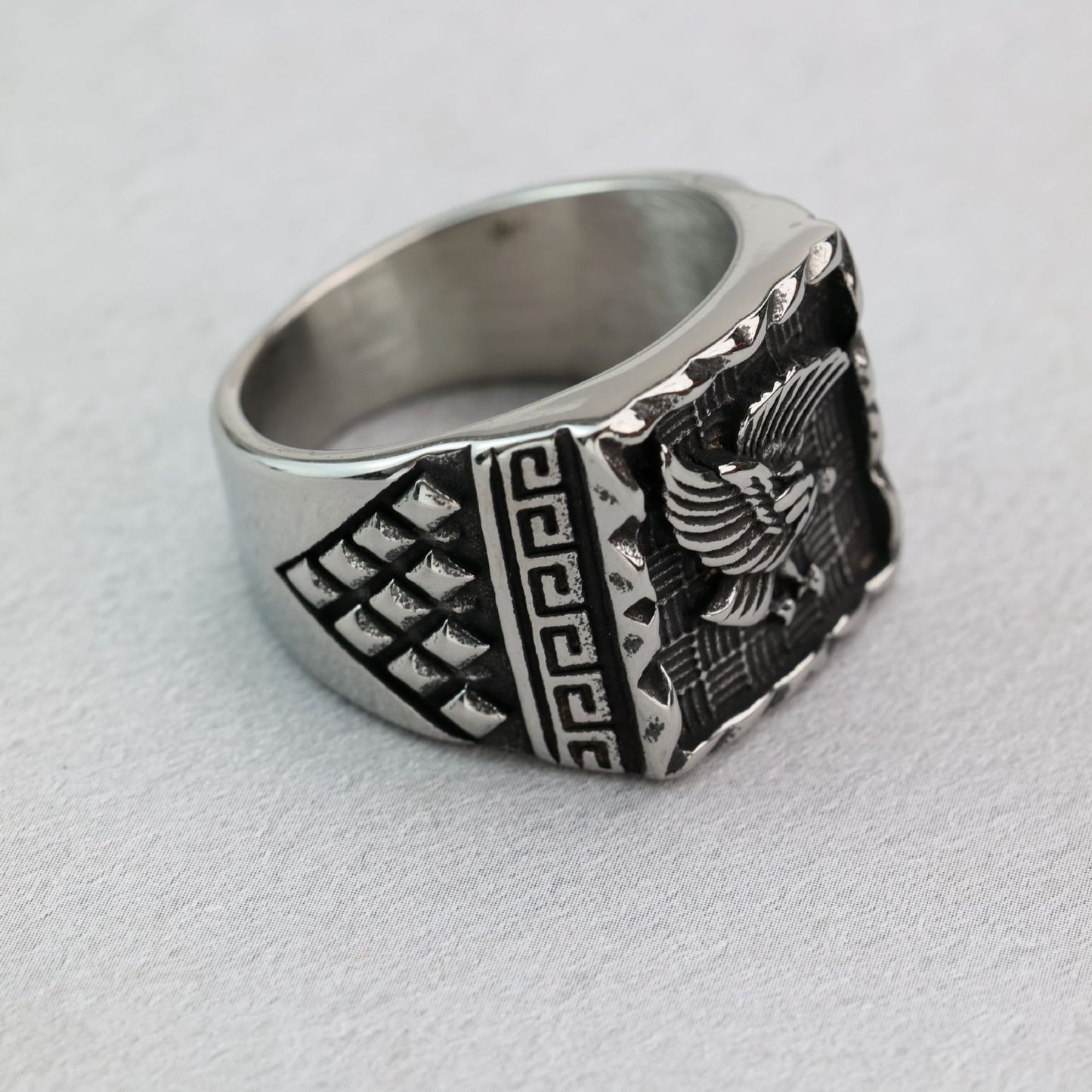 Stainless Steel Eagle Ring Great Wall Pattern Unisex Retro Square Timeless Bold Jewelry By Planderful