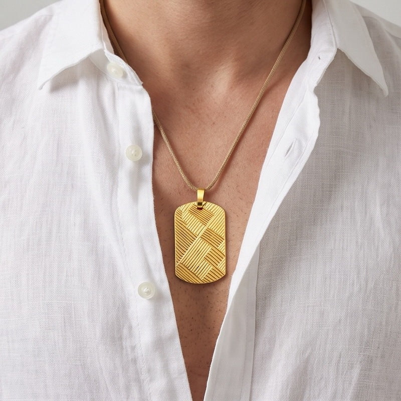 Staggered Twill Military Brand Pendant, Punk Style Retro Geometric Interwoven Stainless Steel Men's Necklace