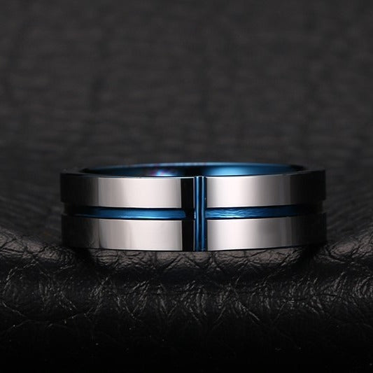 Korean Version Ring 6mm Tungsten Steel Blue Groove Cross Ring