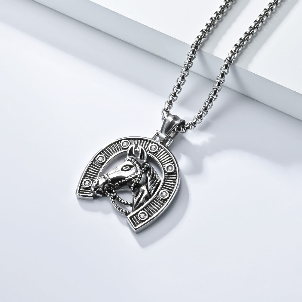 Planderful Titanium Steel Horse Head Pendant Necklace For Men Personalised Retro Horseshoe Hip Hop Jewelry