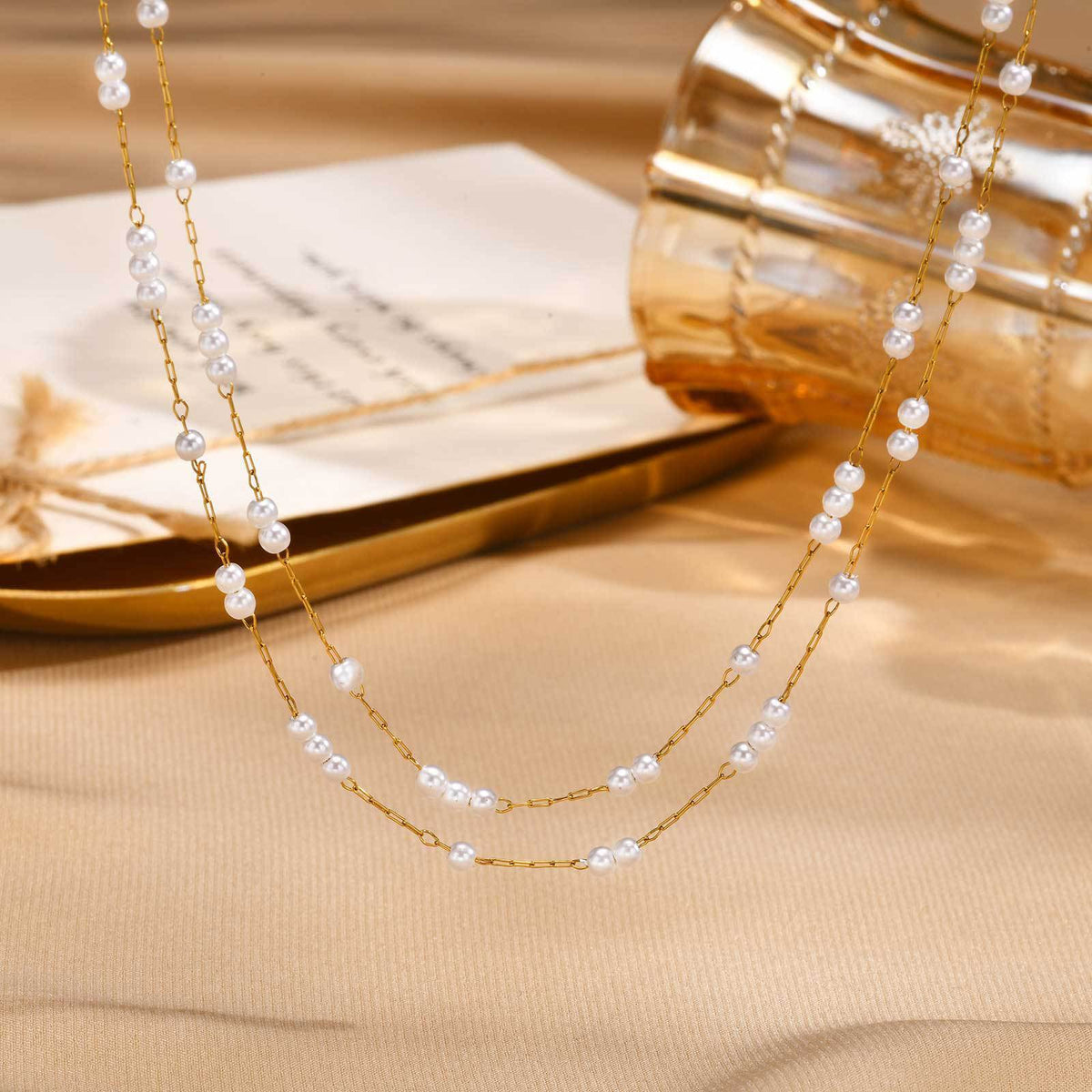 Ladies Stainless Steel Imitation Pearl Double Layer Stacked Gold Necklace