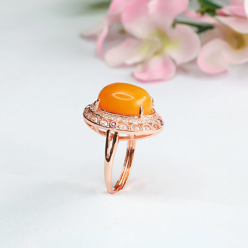 Natural Amber and Zircon Sterling Silver Ring with Halo Design