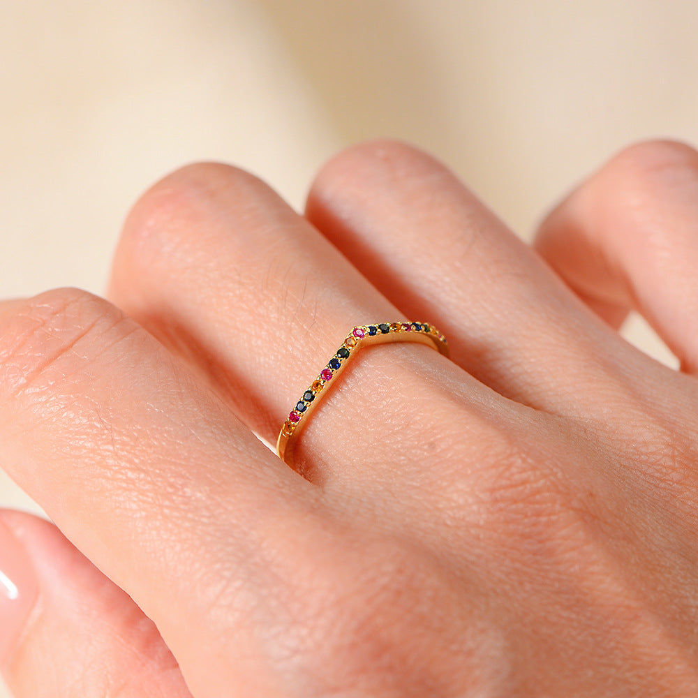 Jewelry S925 Sterling Silver Colored Zircon Ring Index Finger Ring Micro-Colored Zircon Ring