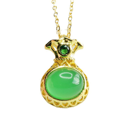 Hollow Money Bag Green Chalcedony Pendant Necklace