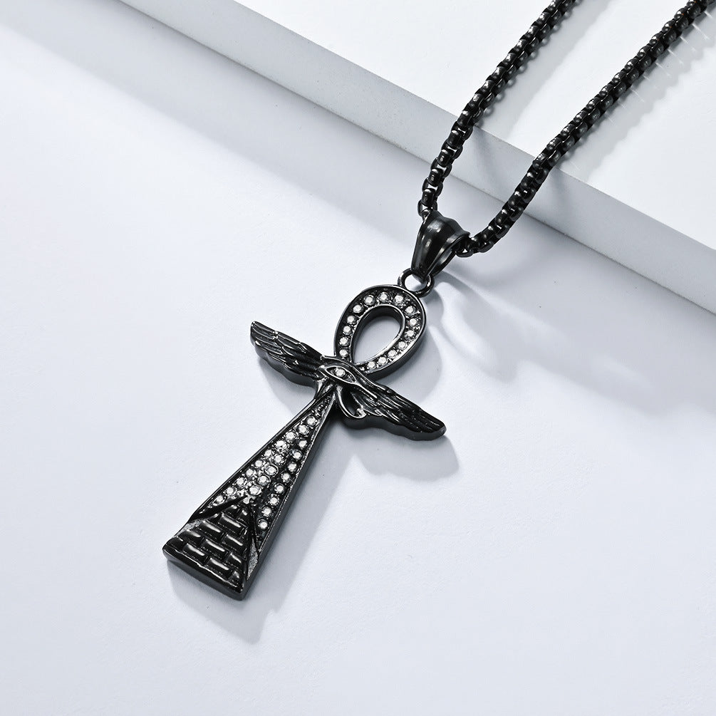 Planderful Anka Cross Necklace Titanium Steel For Men Vintage Egyptian Pendant Durable Bold Style