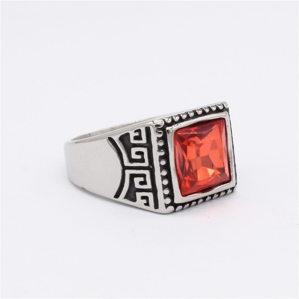 Planderful Titanium Steel Ring With Great Wall Pattern Zircon Unisex Bold Retro European American Style Gift