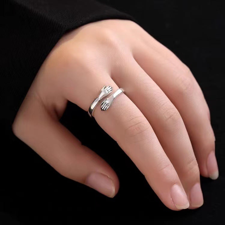 Creative Two Handed Embrace Design Opening Sterling Silver Ring