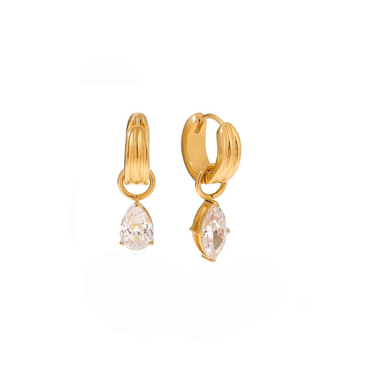 Planderful Gold Water Drop Zircon Vertical Texture Stainless Steel Statement Stud Earrings For Fashion Forward Women