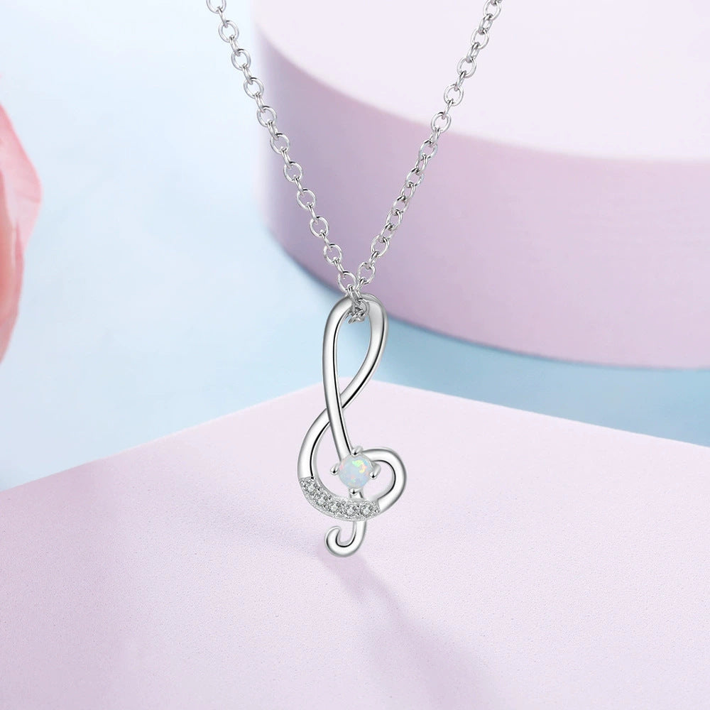 Planderful Jewelry Opal Necklace Sterling Silver Music Symbol Pendant With Zircon