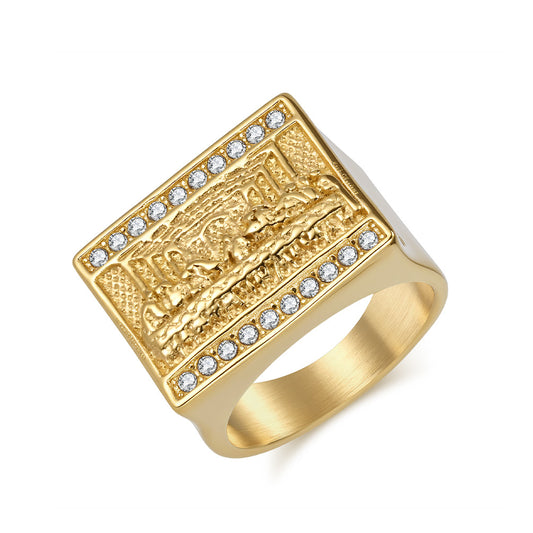 Planderful Hip Hop Last Supper Ring For Men Stainless Steel Plated 18K Gold Vintage European Style