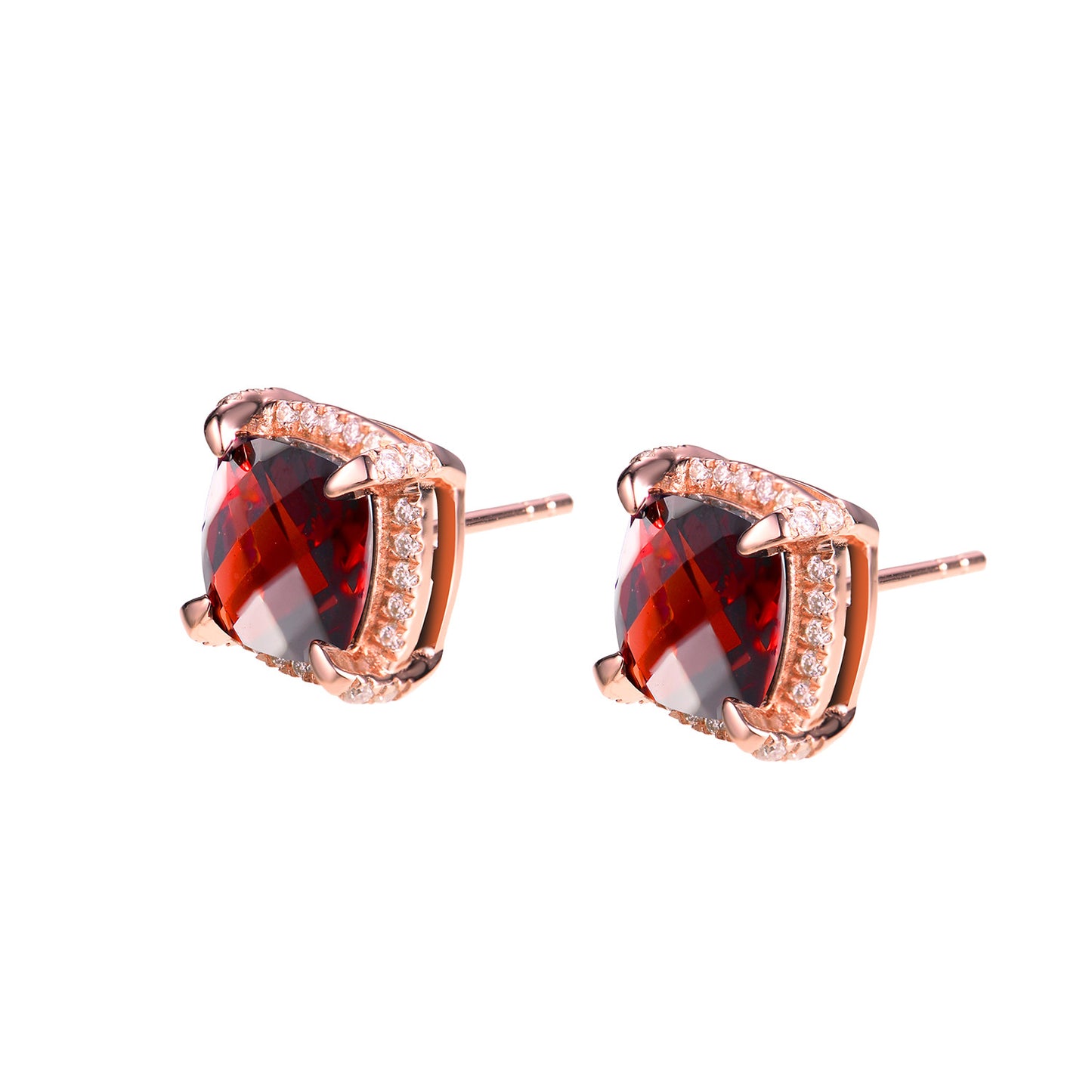 Soleste Halo Square Natural Red Garnet Silver Stud Earrings