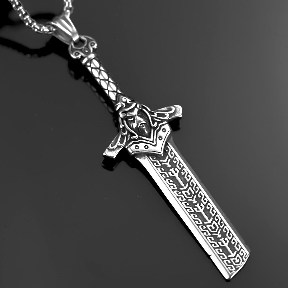 European and American Jewelry Stainless Steel Men's Pendant Necklace Retro Hip-Hop Double-Sided Sword Pendant