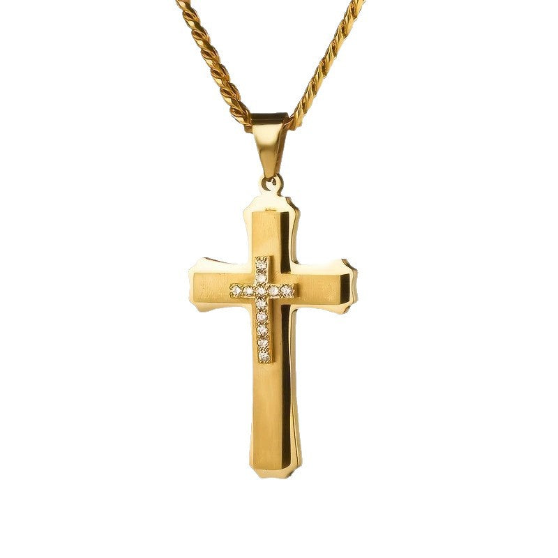 1. Planderful Cross Pendant Necklace in Titanium Steel with Three Layer Zircon for Unisex Elegant Gift