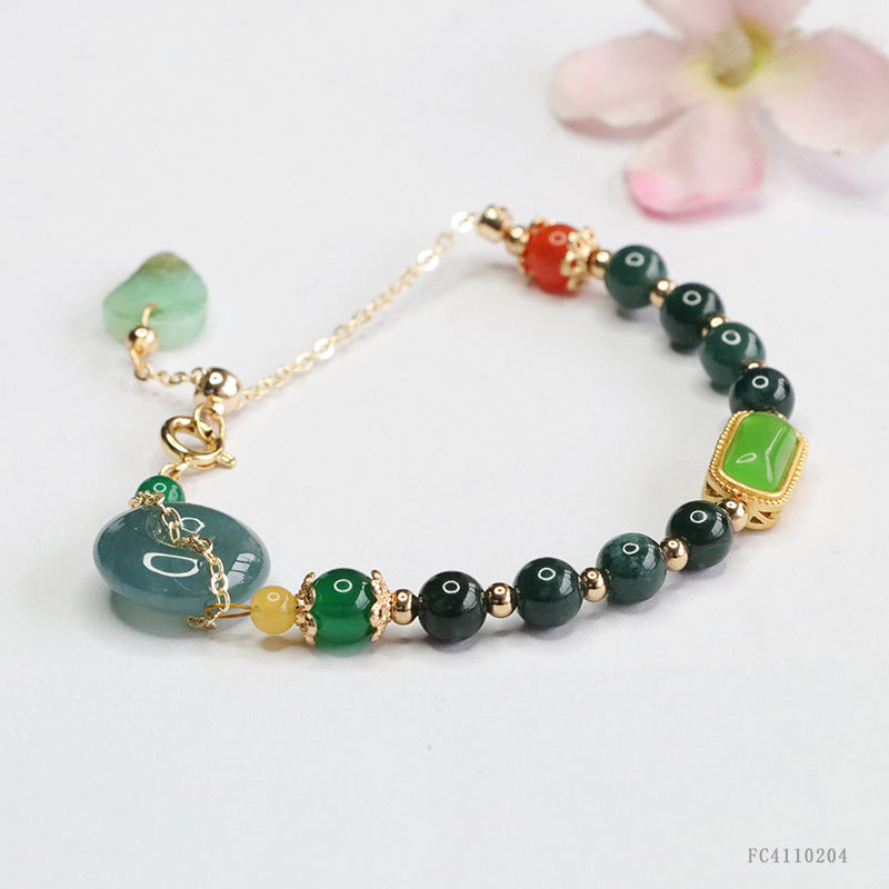 Blue Water Jadeite Peace Buckle & Round Bead 5~6 mm Bracelet