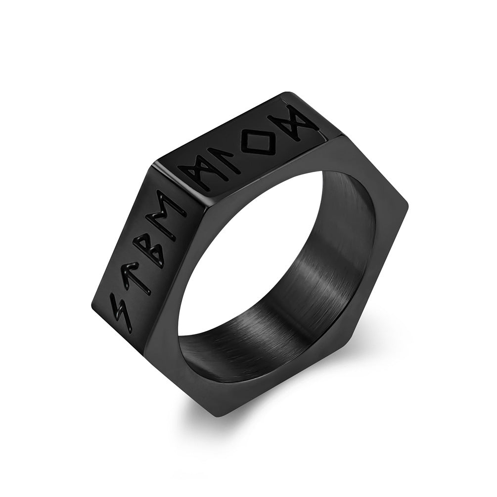 Planderful Everyday Genie Stainless Steel Ring With Hexagonal Niche And Pirate Viking Text For Hipster Vibe