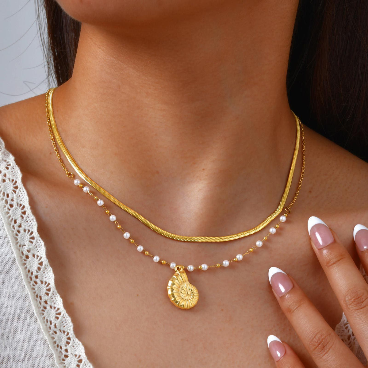 Summer Seaside Vacation Leisure Ocean Wind Stainless Steel Conch Double Layer Stacked Necklace