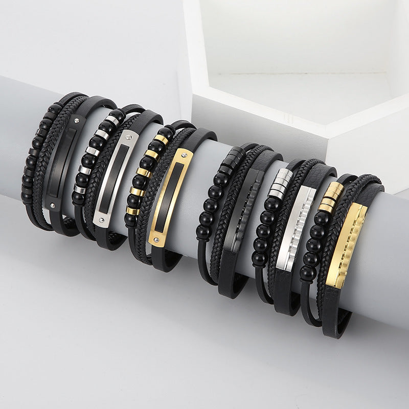 Planderful Mens Personalized Woven Leather Beaded Bracelet