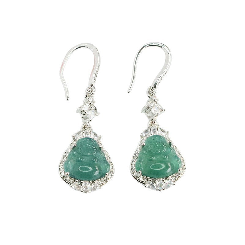 Blue-Water Jadeite Buddha Zircon Halo Earrings