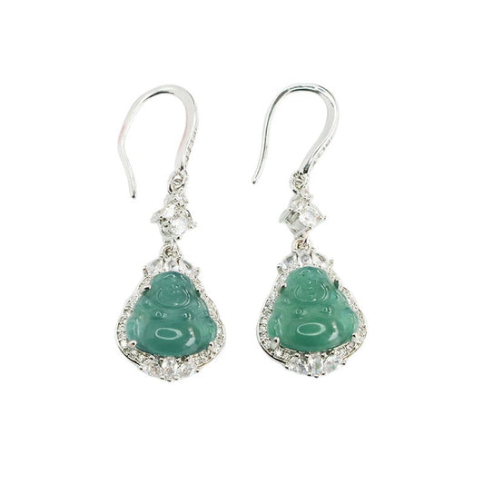 Blue-Water Jadeite Buddha Zircon Halo Earrings