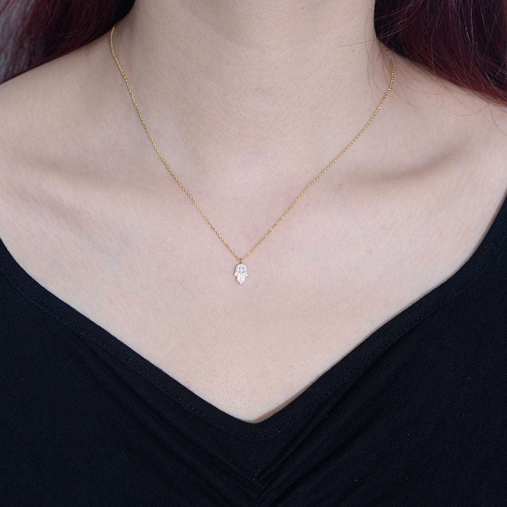 925 Sterling Silver Fatima Hand Necklace Zircon Opal Mini Palm Clavicle Chain