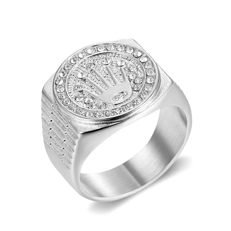 Planderful Everyday Genie Hip Hop Bold Ring For Men Stainless Steel Polished Zircon Crown Three Bead