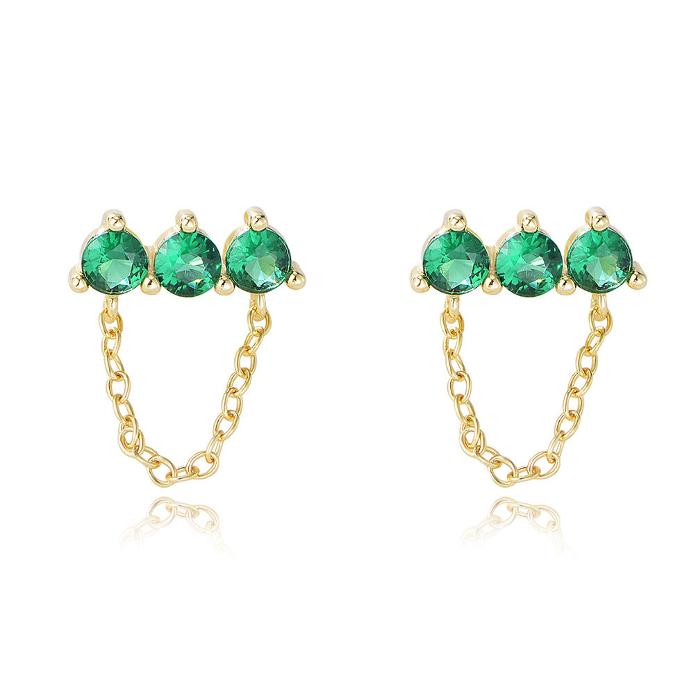 S925 Sterling Silver Grandmother Green Zircon Stud Earrings Chain Fringed Earrings Trendy Earrings