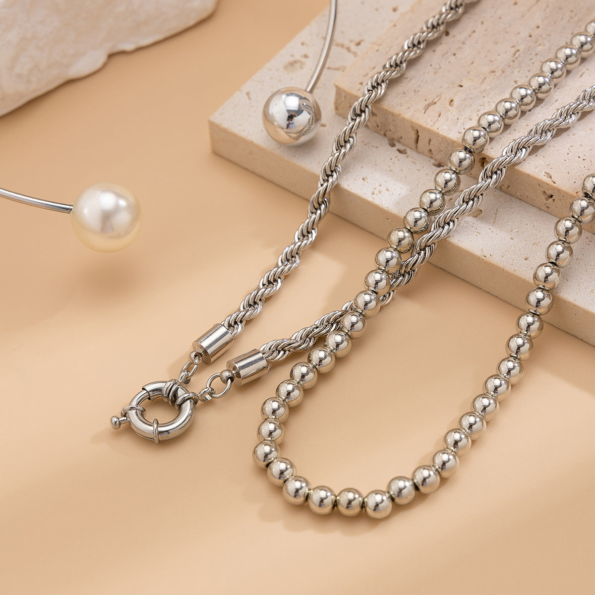 Asymmetrical Pearl Ring Collar Necklace