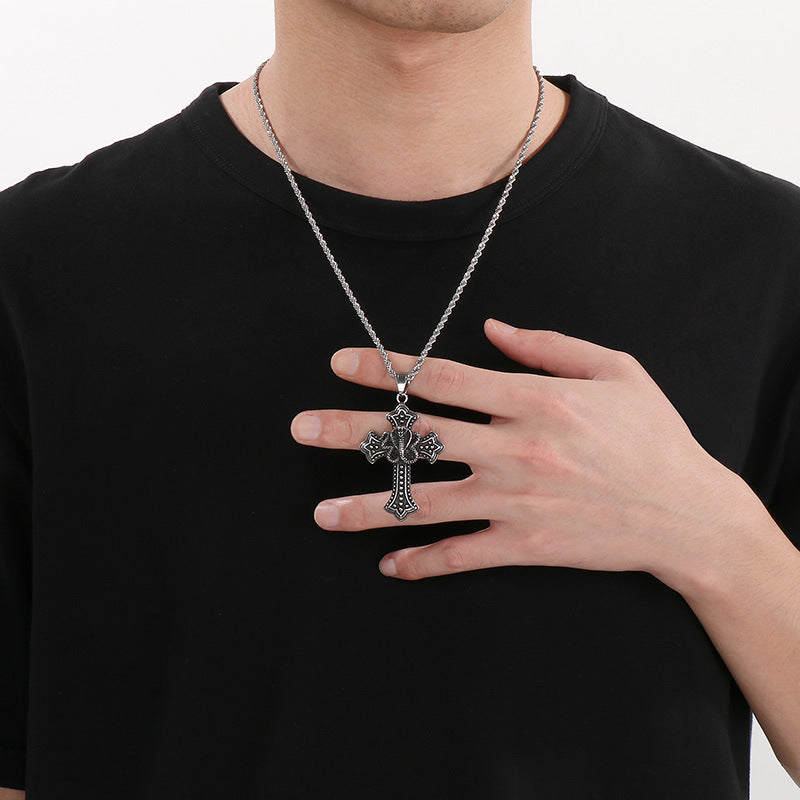 Flying Wings Pendant, Gothic Lion Head Rose Cross Wings Titanium Steel Men's Pendant Necklace