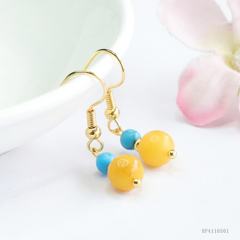 Yellow Beeswax Amber Bead Drop Earrings