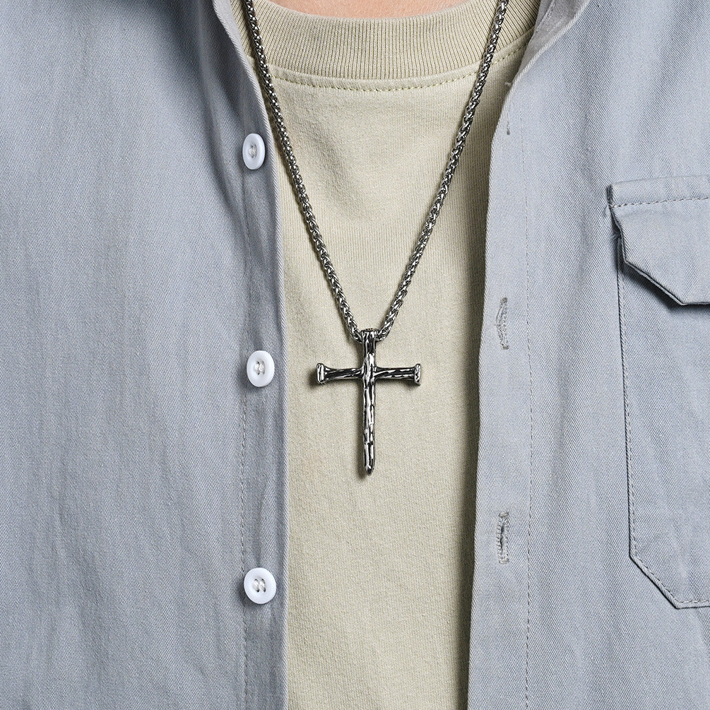 Planderful Wood Grain Cross Necklace For Men Vintage European American Style Titanium Steel Pendant Jewelry