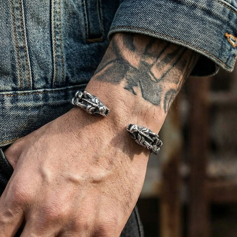 Open Double Dragon Head Rope Bracelet – Titanium Steel Men's Bracelet Skull Bracelet