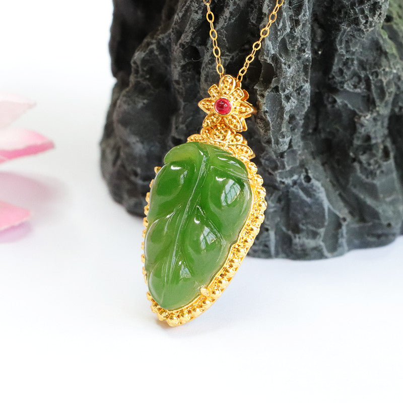 Jewelry Necklace Featuring Jasper Leaf Red Zircon Pendant with Authentic Hetian Jade