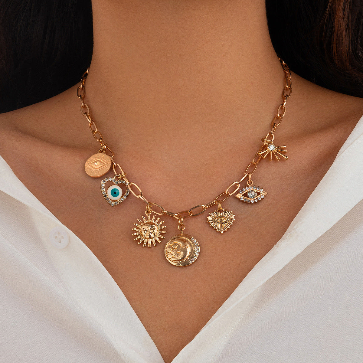 Multi-Eye Heart Fringe Necklace