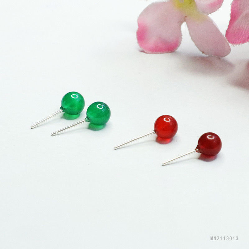 Red Agate & Green Chalcedony 925 Silver Stud Earrings — Two Pairs