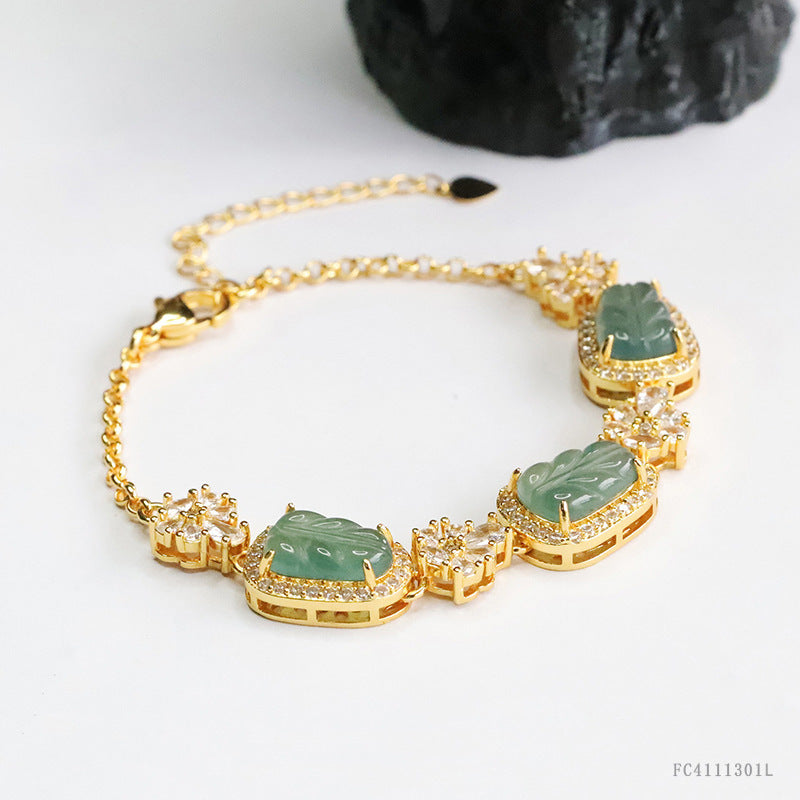 Blue Water Jadeite Leaf Pavé-Style Bracelet