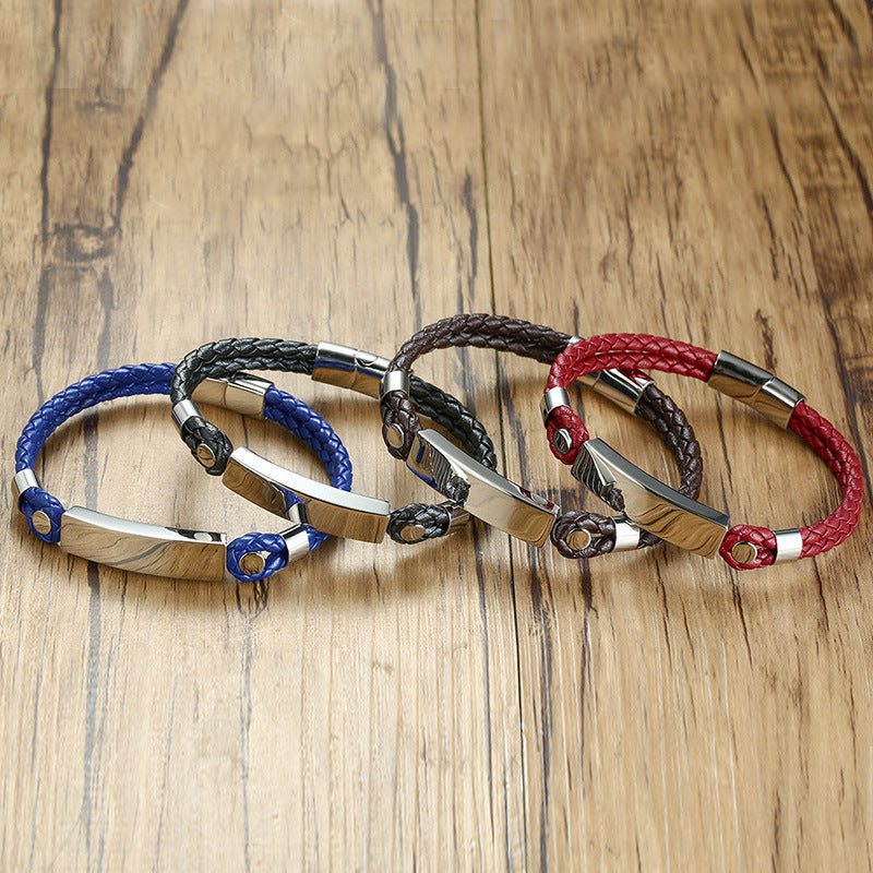 Leather Trendy Simple Blank Stainless Steel Bracelet for Men