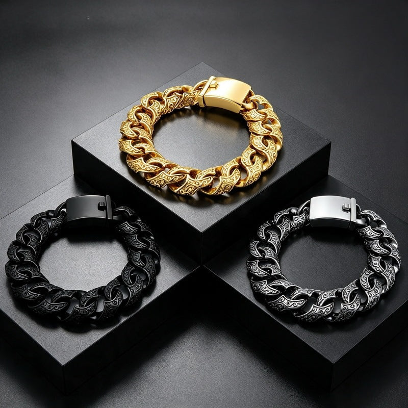 Punk National Style Men's Bracelet Double-Sided Tang Grass Pattern Thick Cuban Chain