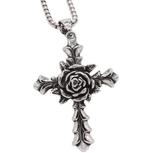 Titanium Steel Rose Cross Pendant Necklace Unisex For Men And Women Protection Statement Planderful Everyday Genie