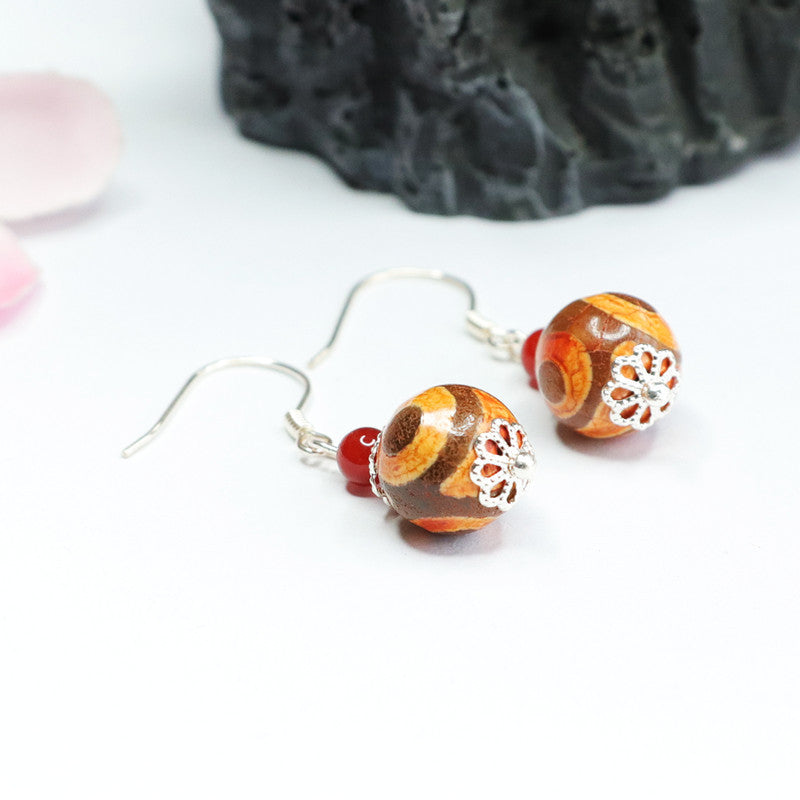 Three-Eye Dzi Bead 925 Silver Hook Earrings