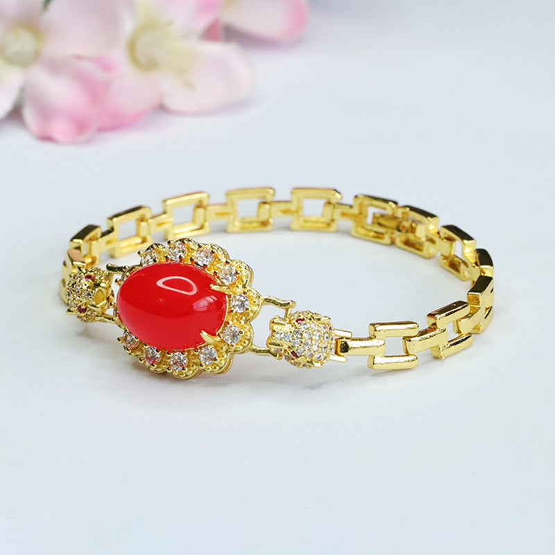 Leopard Head Golden Bracelet with Pigeon Blood Red Agate