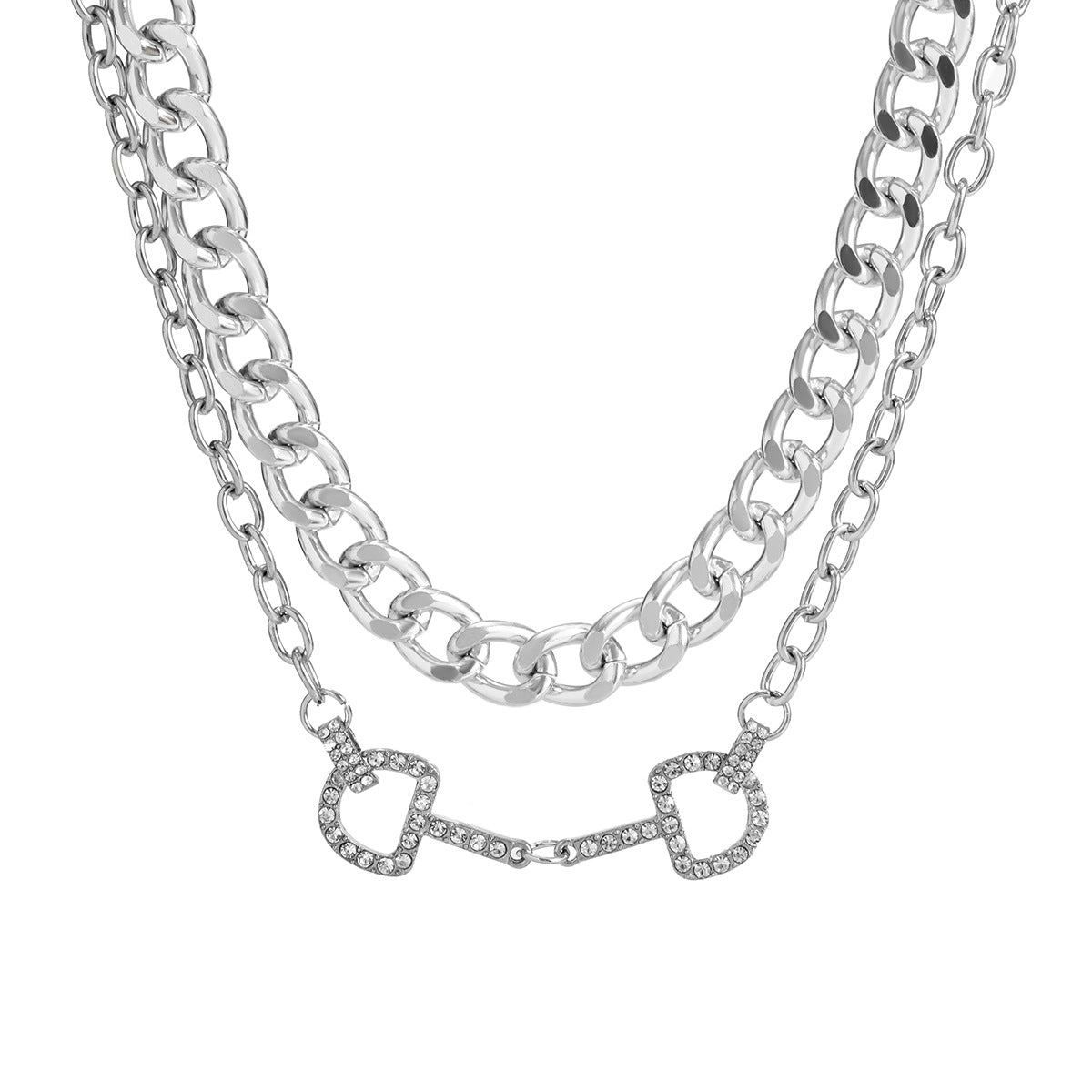 Planderful Vienna Verve D Shaped Zircon Necklace For Urban Streetwear Fans Bold Double Layer Hip Hop Chain