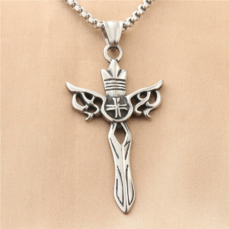Personalized Titanium Steel Cross Wing Pendant Necklace for Men - Retro Punk Style Sword Design
