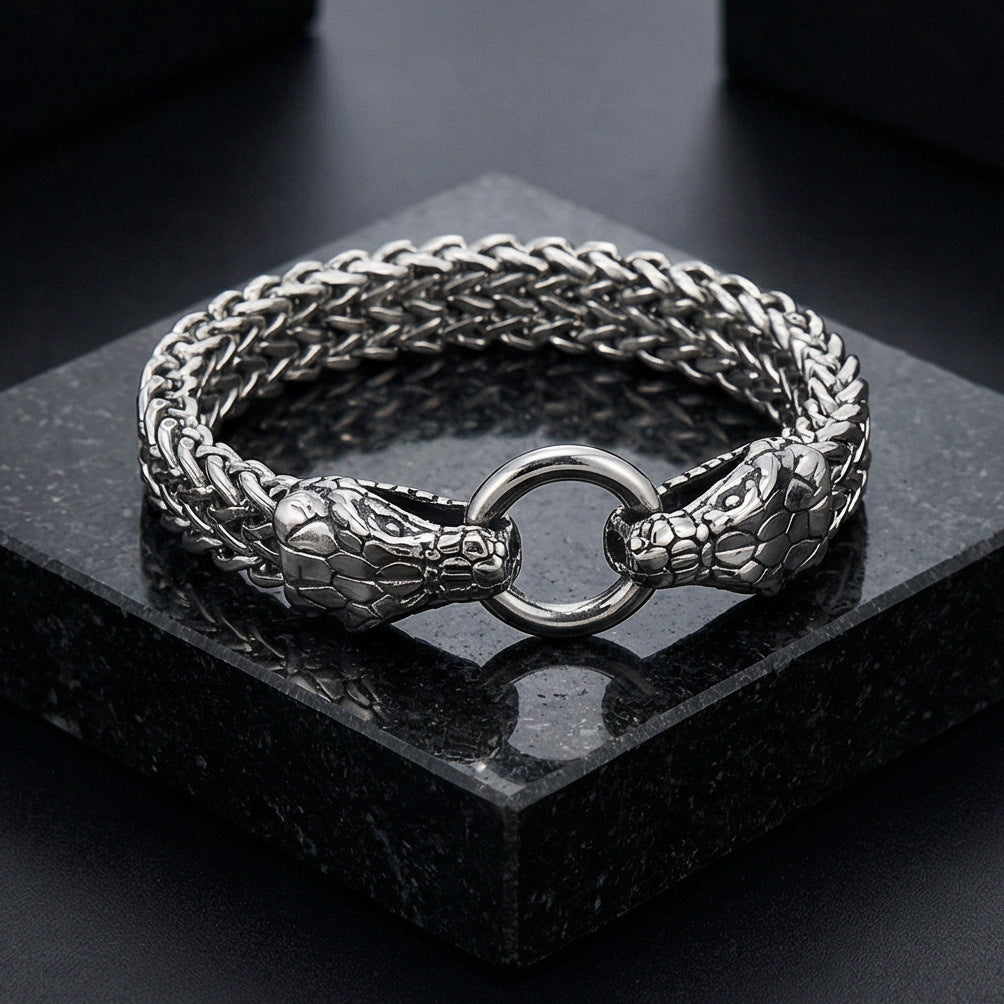 Zodiac Snake – Hip-Hop Rock Double Snake Head Front & Back Chain Stainless Steel Men's Bracelet