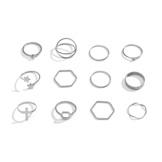 Stacked Moon and Star Ring Set with Small Butterfly and Full Diamond Geometric Cross Europe and United States Jewellery.