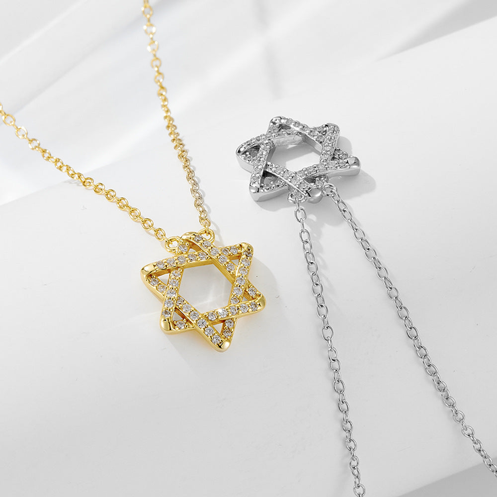 S925 Sterling Silver Hexagram Pendant Necklace Micro-Inlaid Zircon Personality Geometric Symbol