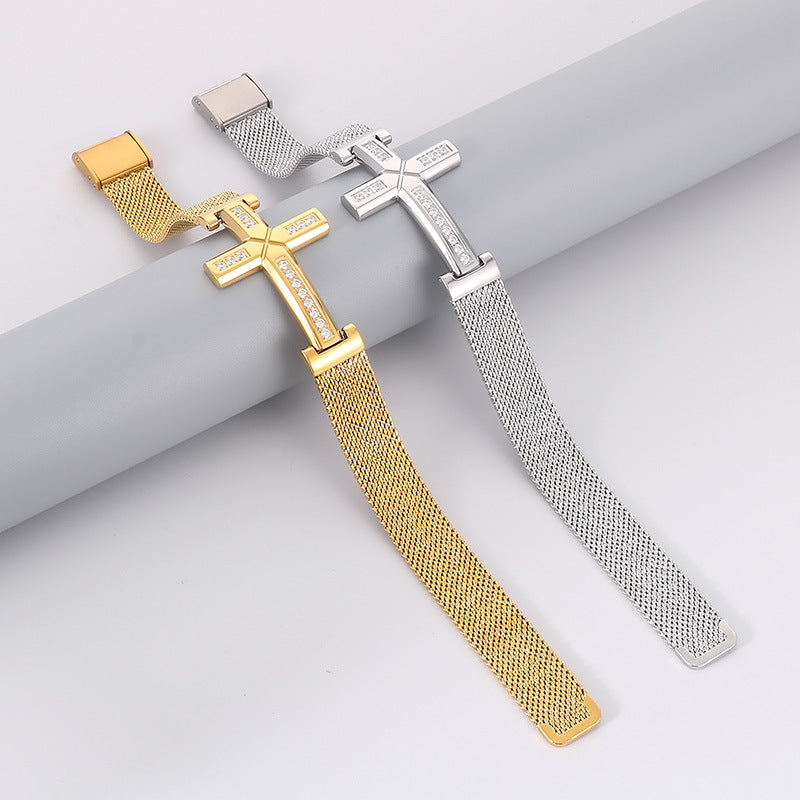 Planderful Men Titanium Steel Bracelet Zircon Cross Hip Hop