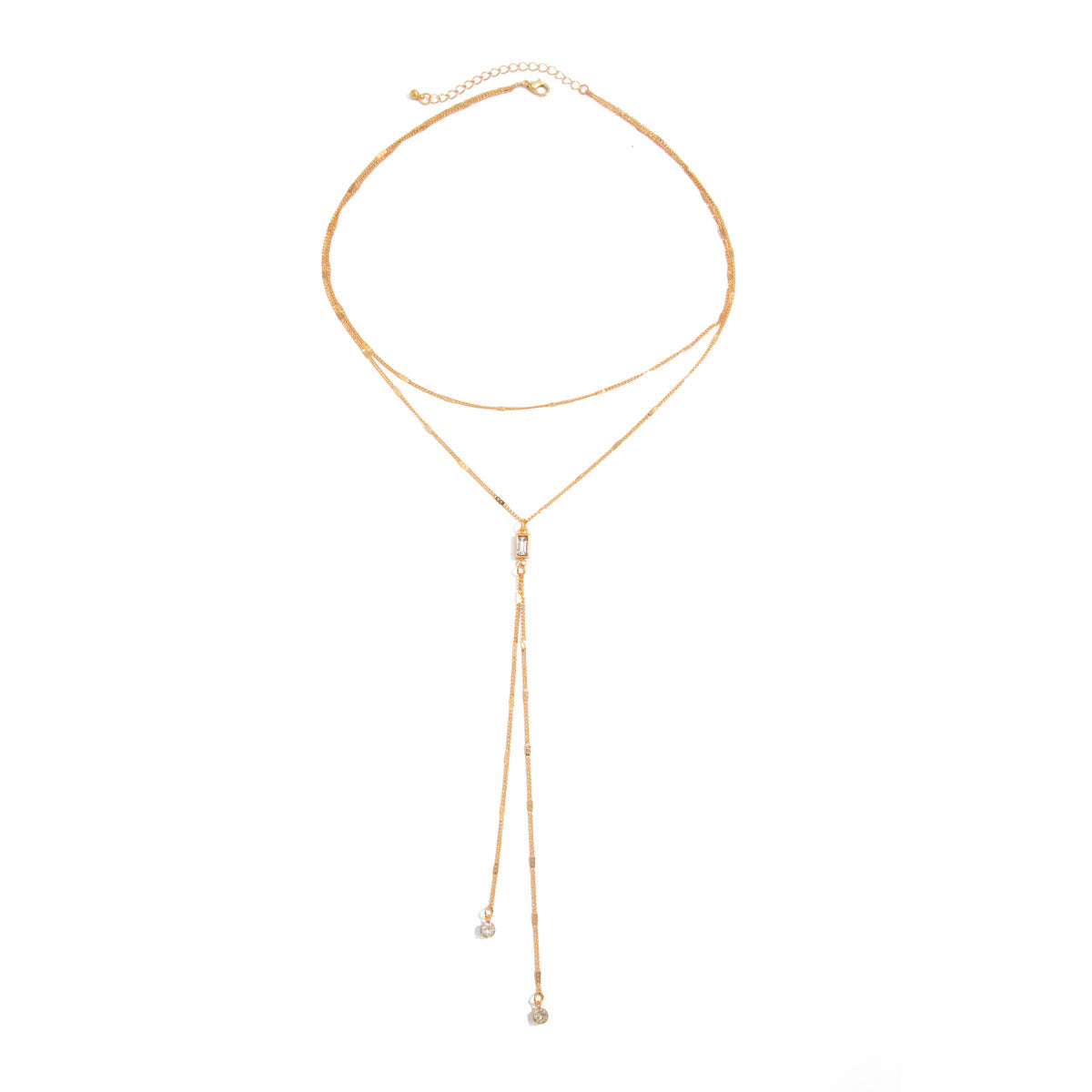 Square Zircon Y-Shaped Neck Chain Fringed Fine Chain Collarbone Necklace Round Bead