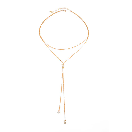 Square Zircon Y-Shaped Neck Chain Fringed Fine Chain Collarbone Necklace Round Bead