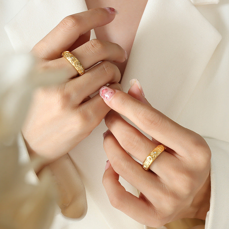 Celestial Sun and Moon Vintage Court Style Zircon Ring in Titanium Steel - 18K Gold Plated Unisex Bands